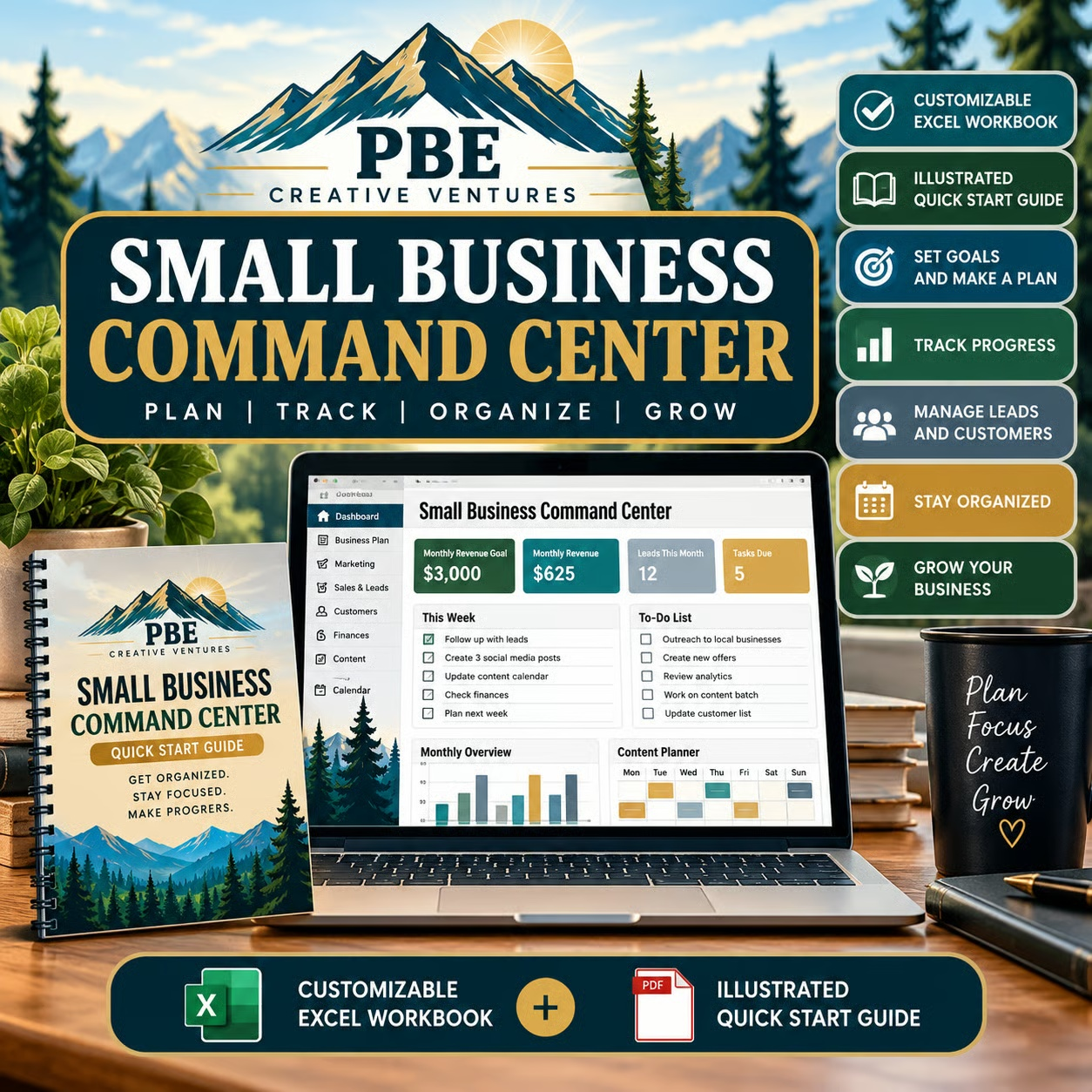 Small Business Command Center product cover showing the customizable Excel workbook and illustrated quick-start guide